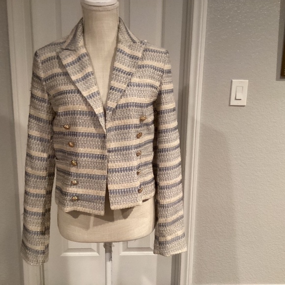 Jackets & Blazers - Blue Metallic Tailored Silhouette Jacket. Size Medium,  Color Blue, White, Beige